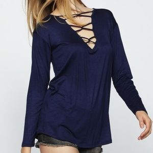 Bibi Caged V-Neck Long sleeve Knit Top